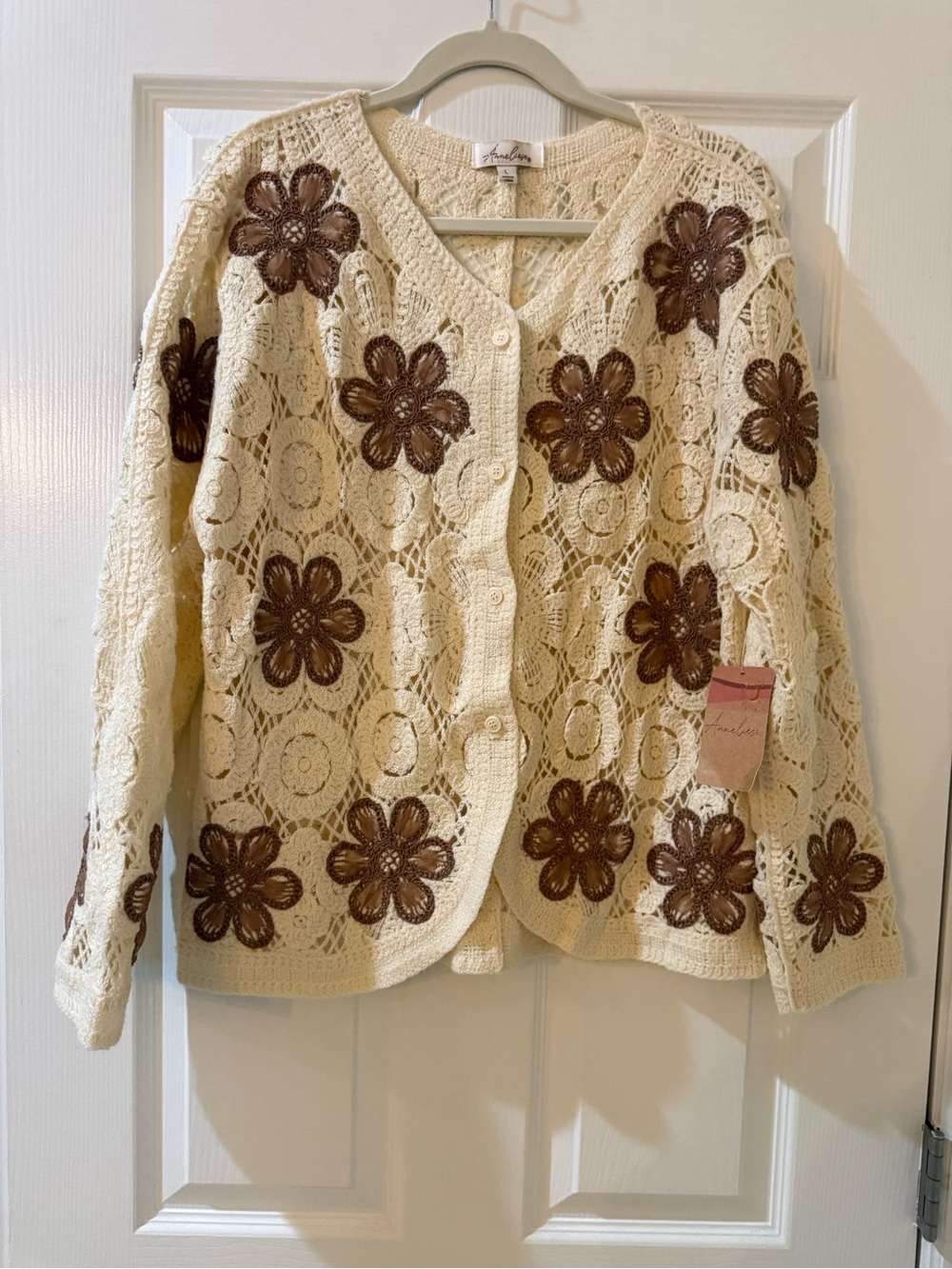 NWT Anneliese Crochet Cream Cardigan with Brown Floral Appliqués